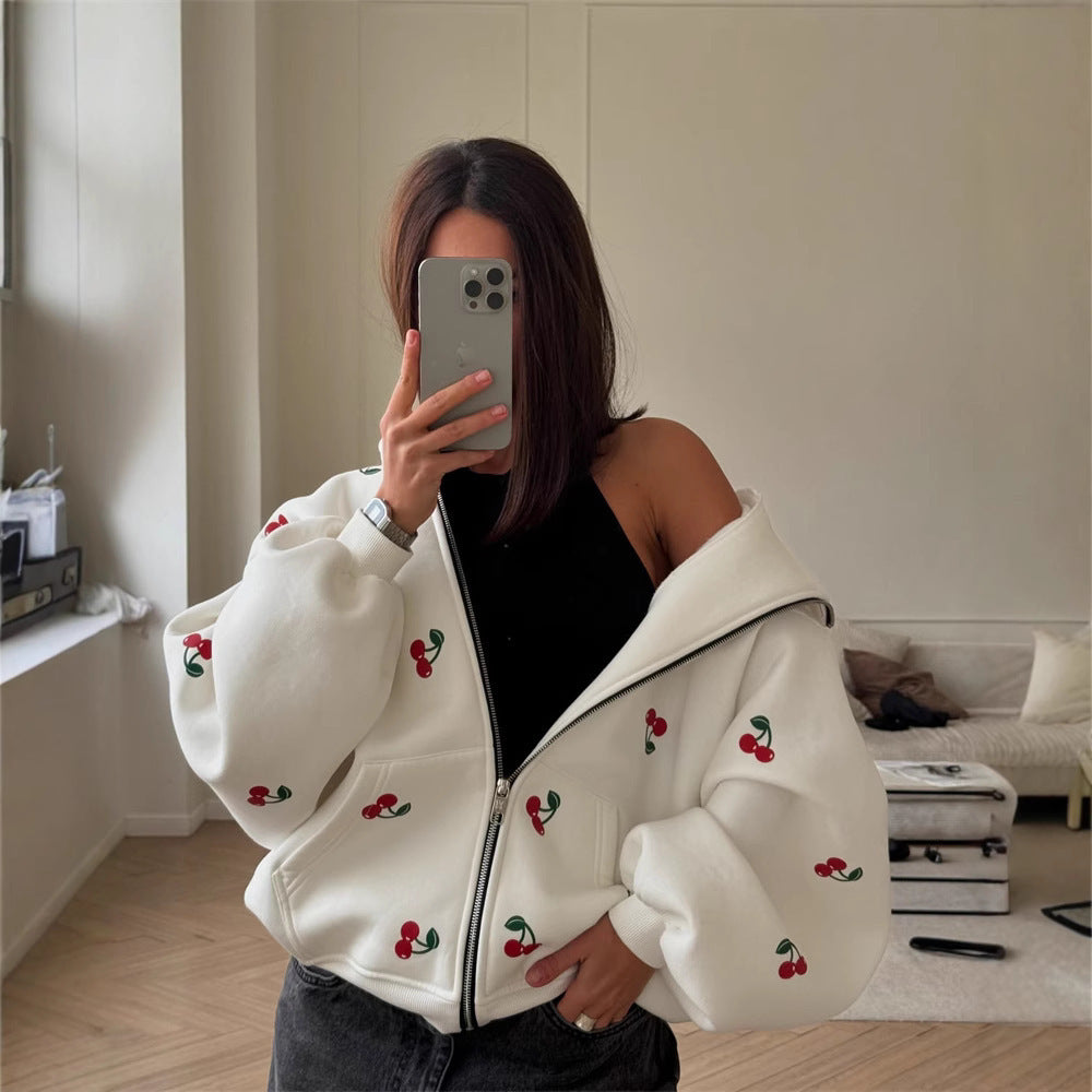 Damen Freizeit Hoodie mit frischem Kirschmuster und praktischer Kapuze Drune