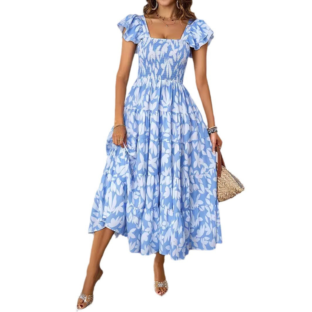 Damen Maxi-Kleid mit voluminösen Puffärmeln und gerafftem Oberteil Drune