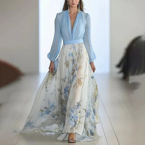 Damen Elegantes Maxikleid mit v-ausschnitt und fließendem Rock Drune