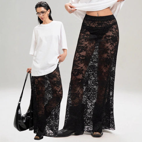 Damen Maxirock aus eleganter Spitze mit hohem Schlitz und voluminösem Schnitt Drune