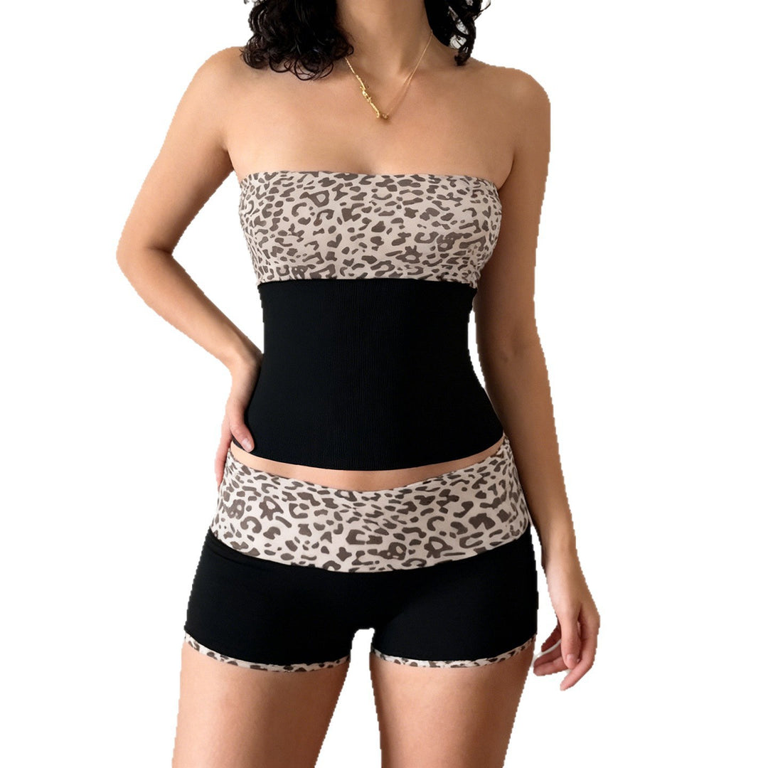 Damen Bandeau-Bikini-Set mit modischem Leopardenmuster und bequemen Shorts Drune