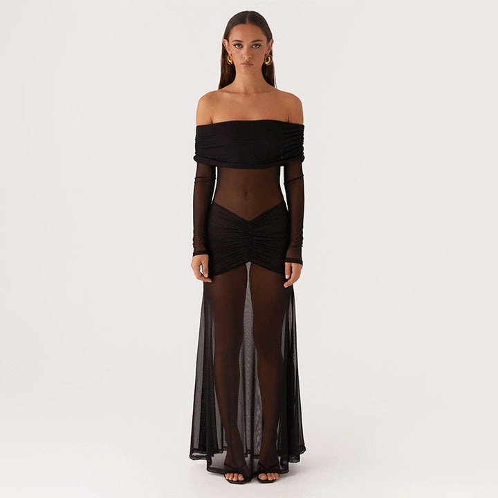 Damen durchsichtiges Maxikleid mit schulterfreiem Design und Rüschungen Drune