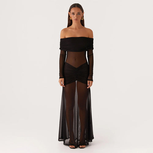 Damen durchsichtiges Maxikleid mit schulterfreiem Design und Rüschungen Drune