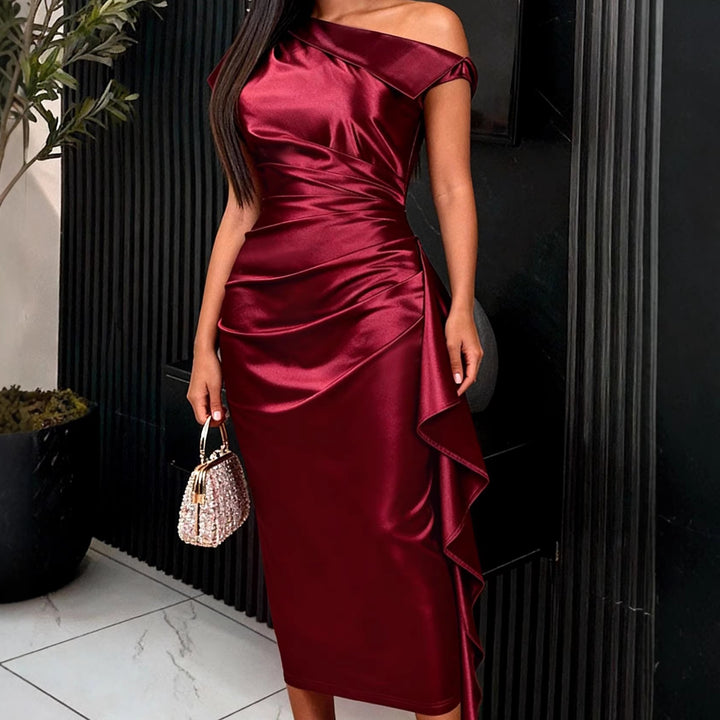 Damen elegantes Satin Abendkleid mit asymmetrischen Rüschendetails Drune