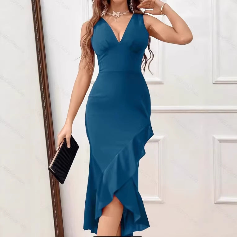 Damen Midikleid mit V-Ausschnitt und asymmetrischem Rüschensaum Drune