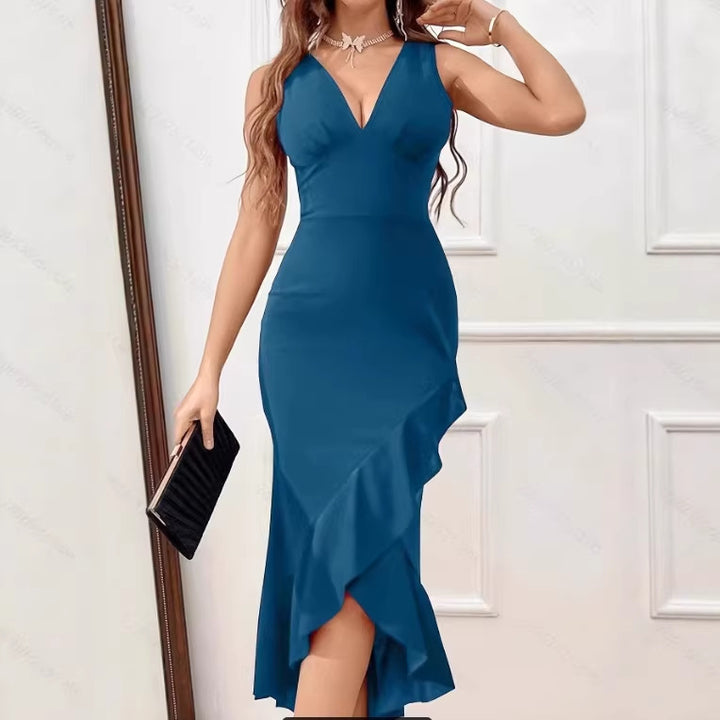 Damen Midikleid mit V-Ausschnitt und asymmetrischem Rüschensaum Drune