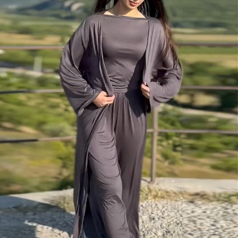 Damen lässiger Maxikleid-Anzug mit offenem Cardigan Drune