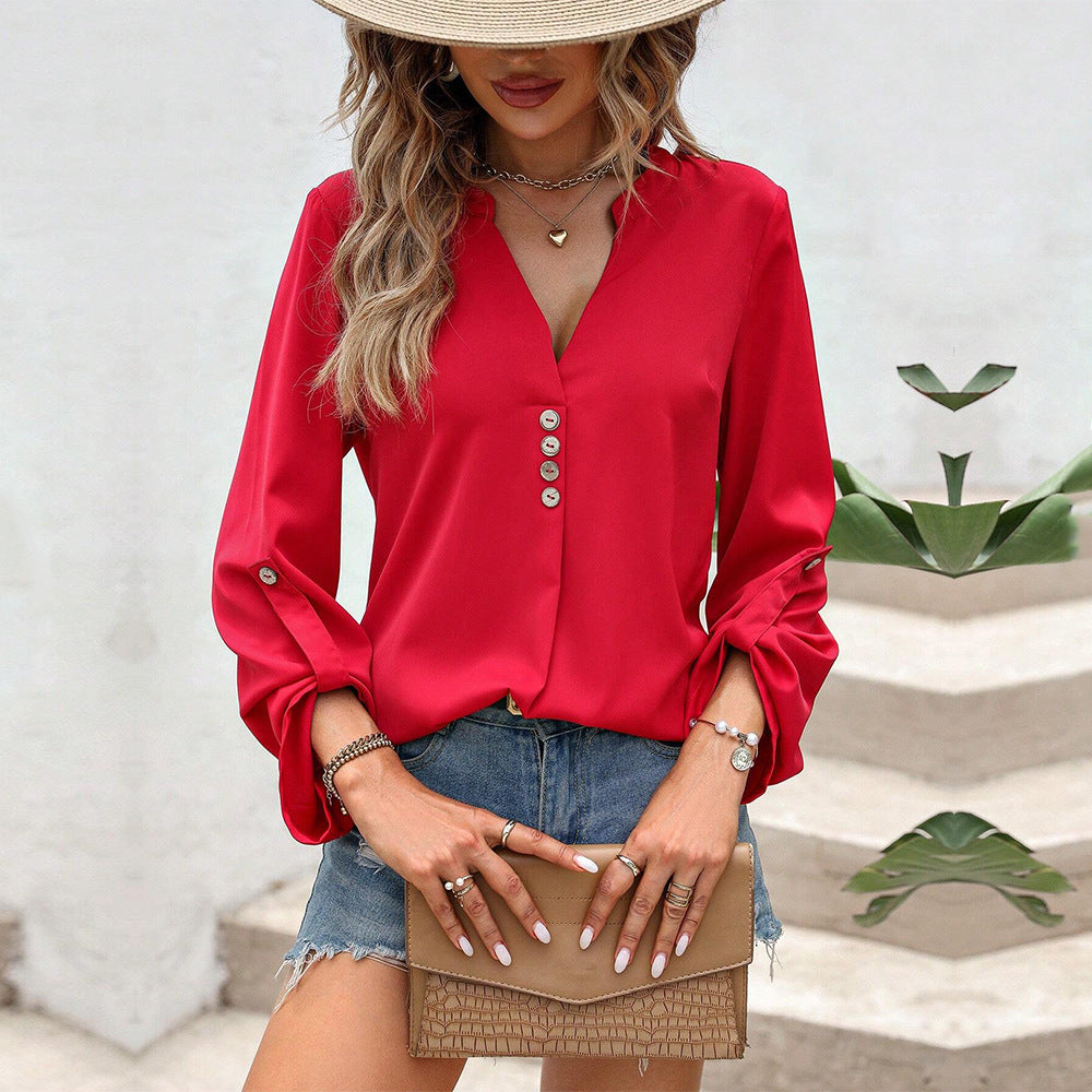 Damen Bluse mit elegantem V-Ausschnitt und raffinierten Knopfdetails Drune