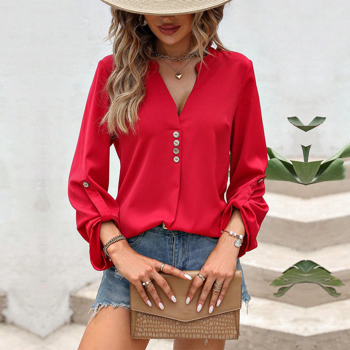 Damen Bluse mit elegantem V-Ausschnitt und raffinierten Knopfdetails Drune
