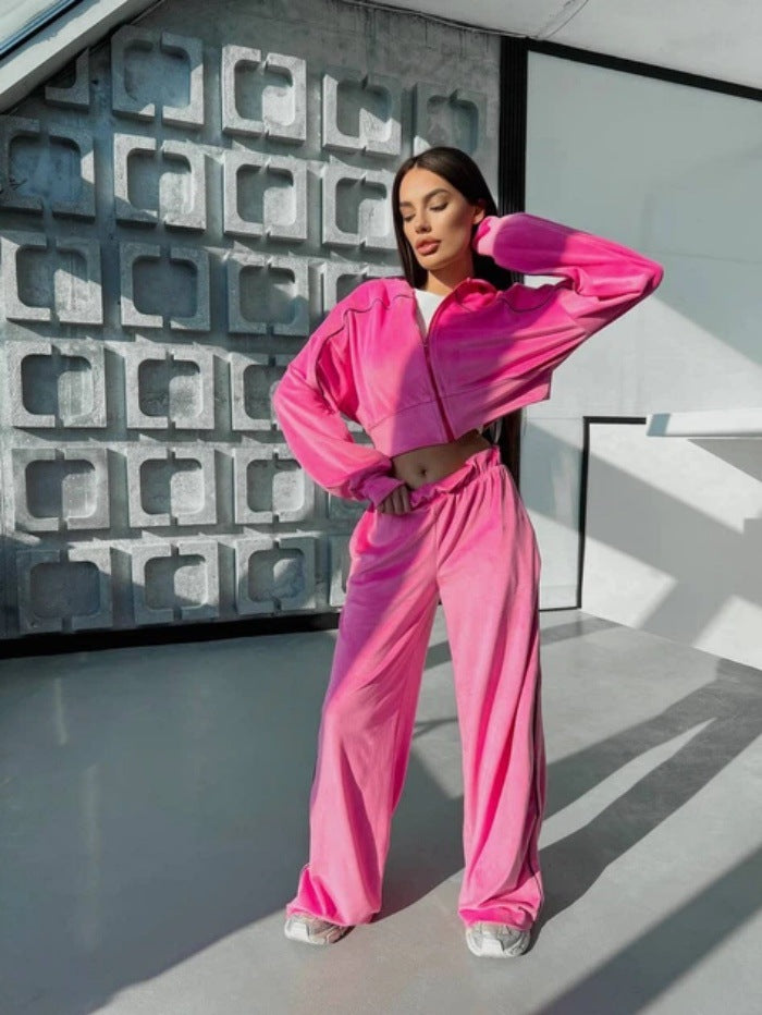 Damen Sportliches Velours-Loungewear-Set mit kurzem Hoodie und weitem Bein Drune