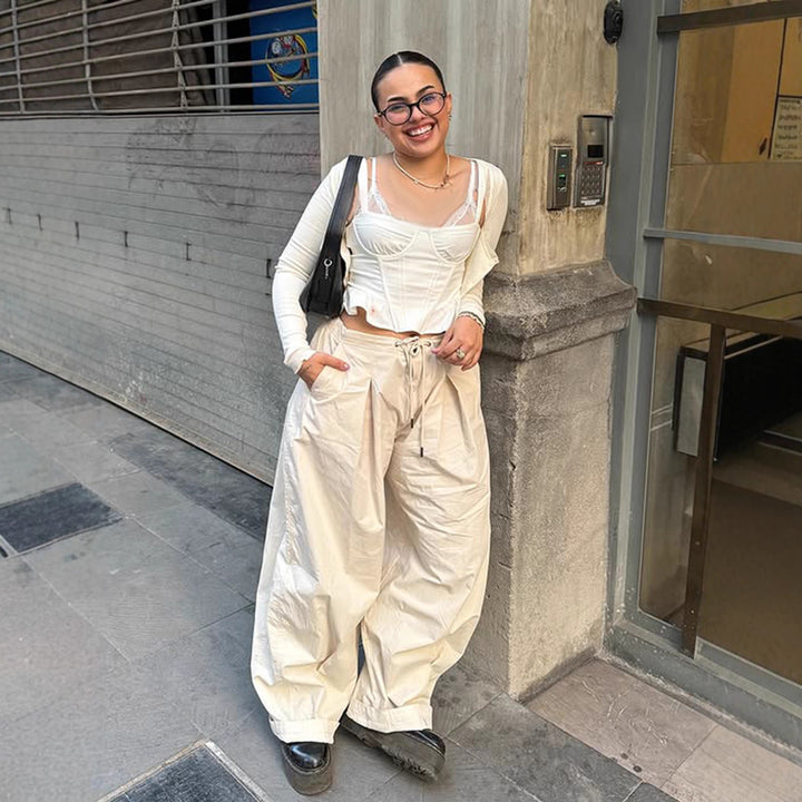 Damen weite stylistische Hose mit dekorativer Taillenbindung und Komfortschnitt Drune