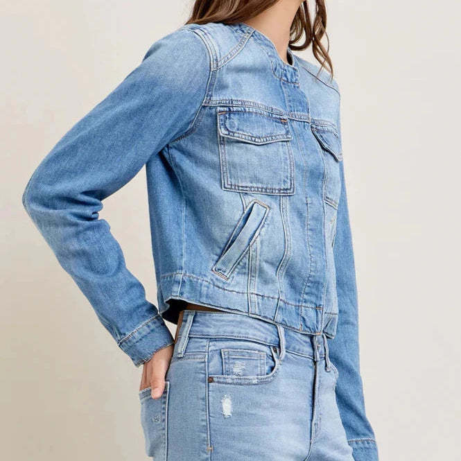 Damen Jeansjacke im lässigen Cropped-Schnitt mit praktischen Taschen und Knopfdetails Drune