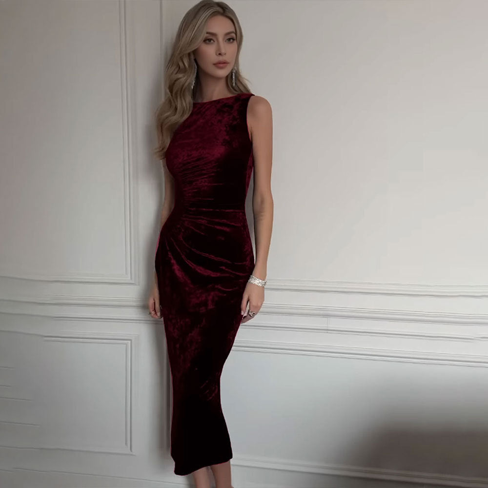 Damen Samt Abendkleid mit figurbetontem Schnitt und raffinierten Drapierungsdetails Drune