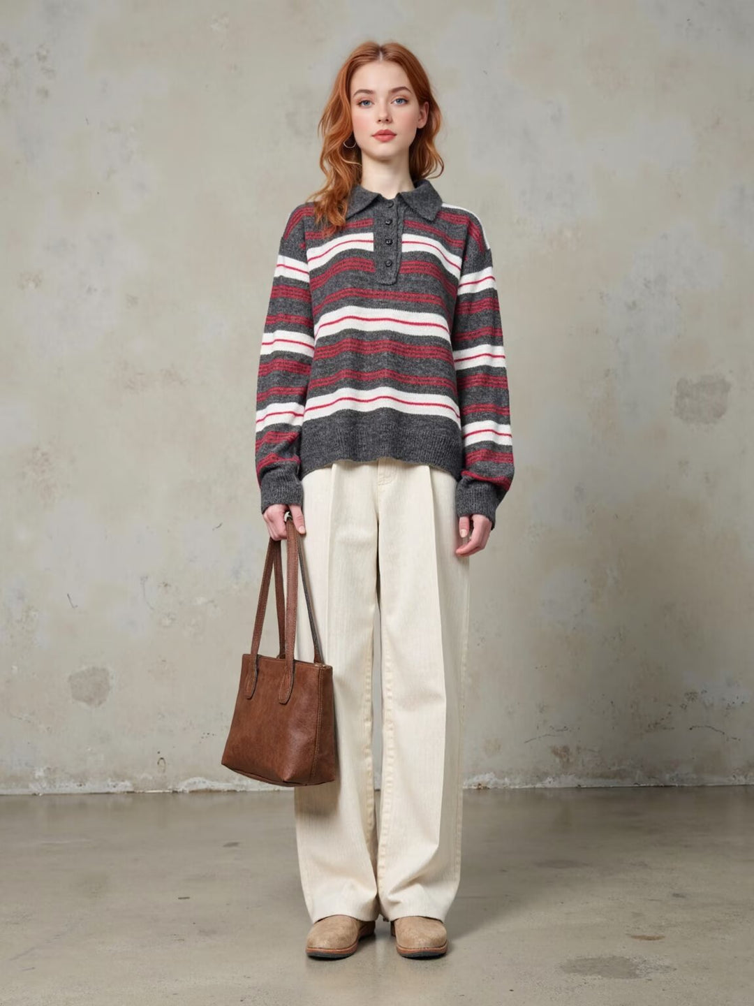 Damen modischer Strickpullover mit Polokragen und Streifenmuster Drune