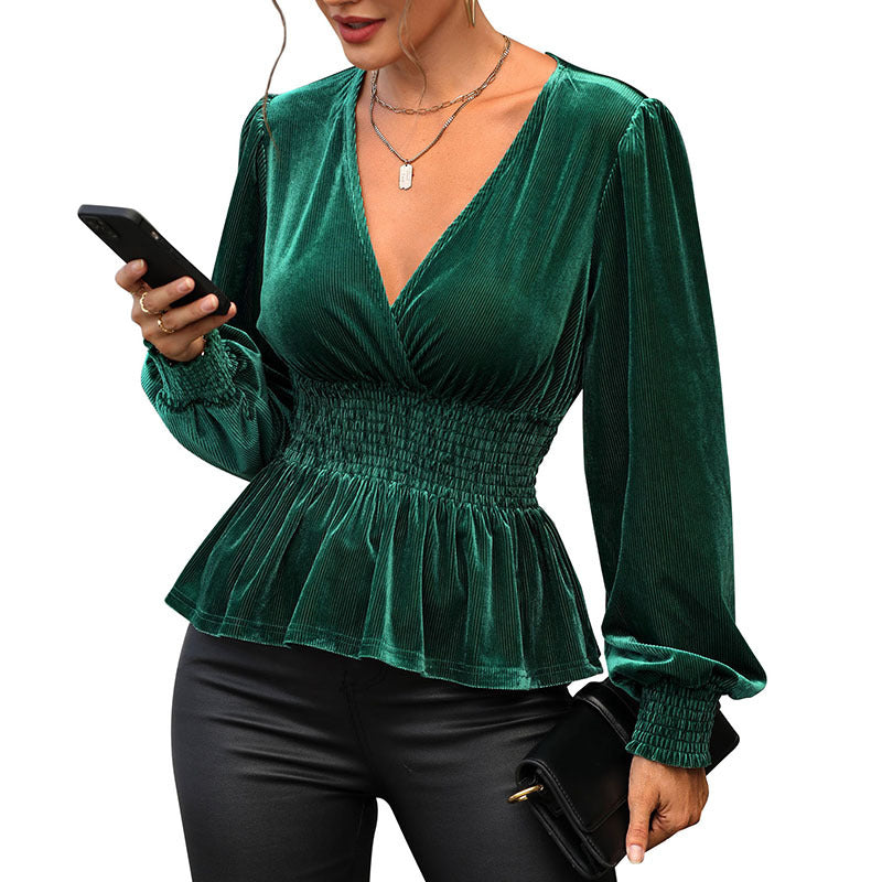 Damen elegante V-Pullover mit gerafftem Taillendesign und langen Ärmeln Drune