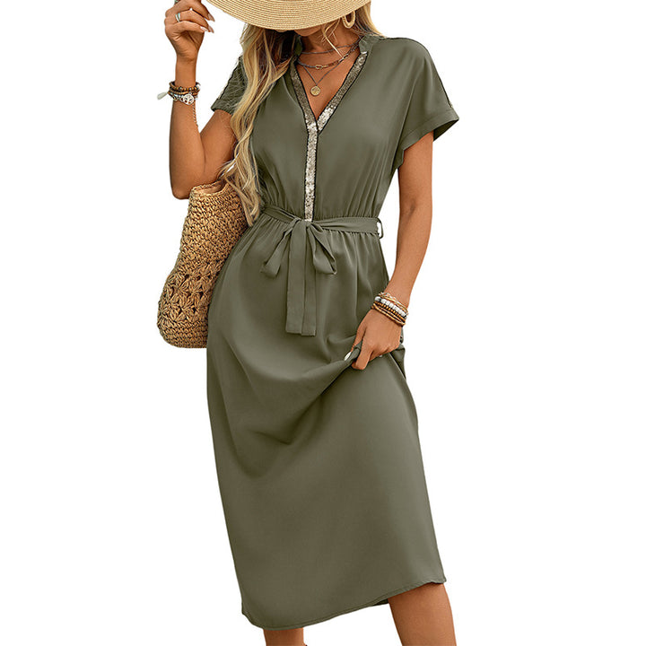 Damen elegantes Midikleid mit Taillengürtel und V-Ausschnitt Drune