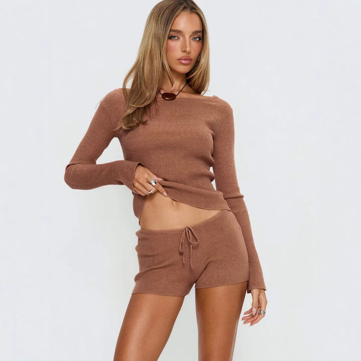 Damen Rippstrick Loungewear-Set mit weichem Oberteil und Shorts Drune