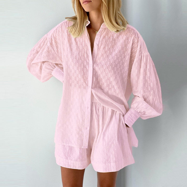 Damen luftiges Oberteil und Shorts Set mit feiner Struktur Drune