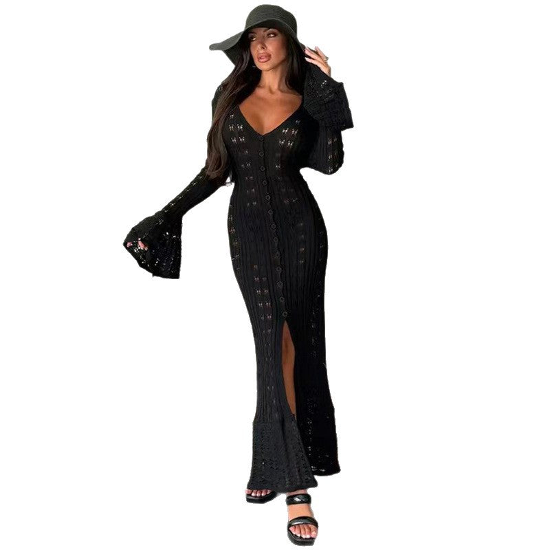 Damen Strickmaxikleid mit nostalgischem Lochmuster und elegantem V-Ausschnitt Drune