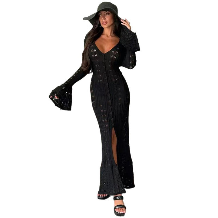 Damen Strickmaxikleid mit nostalgischem Lochmuster und elegantem V-Ausschnitt Drune