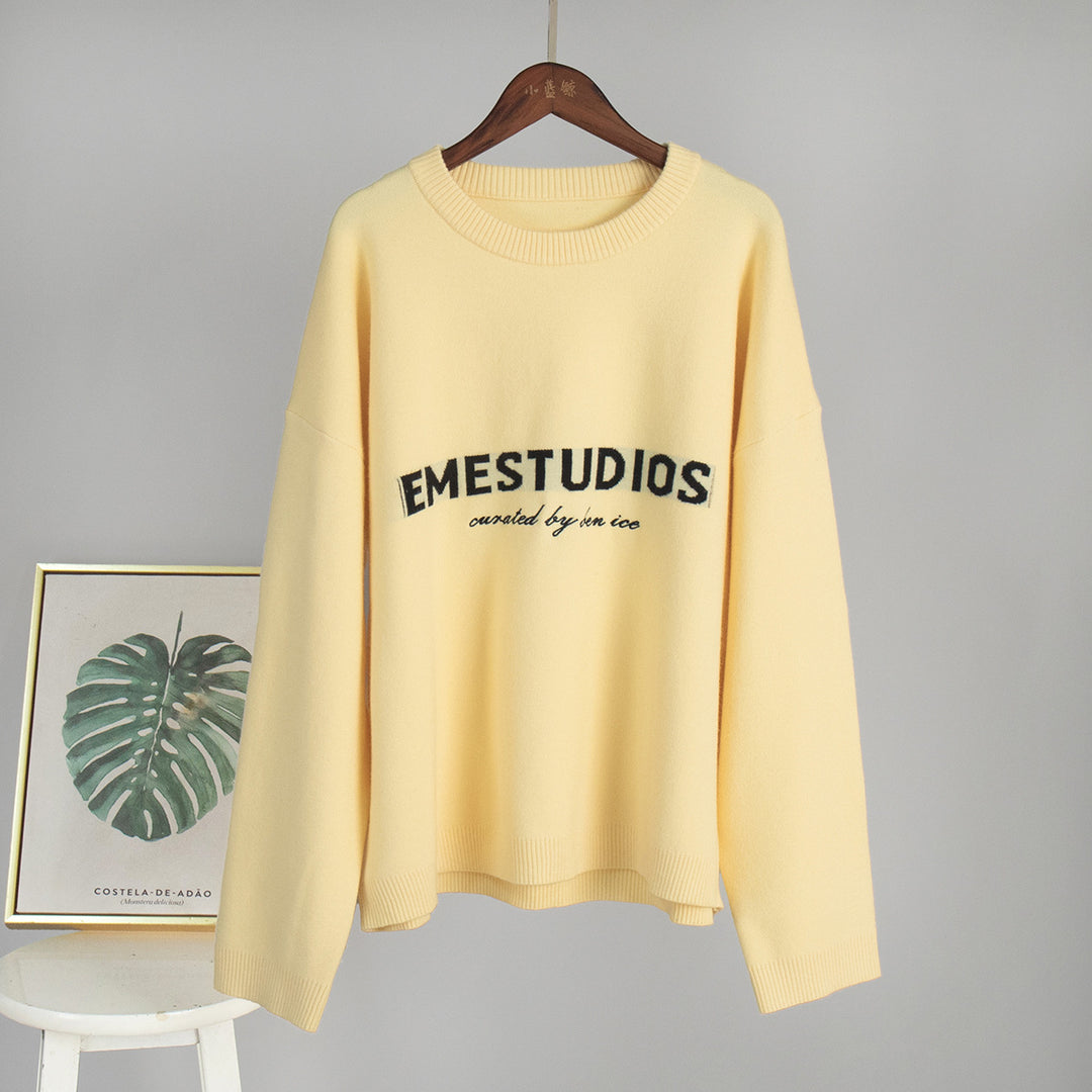 Damen lässiger Pullover aus weichem Strickmaterial mit kontrastierendem Schriftzug Drune