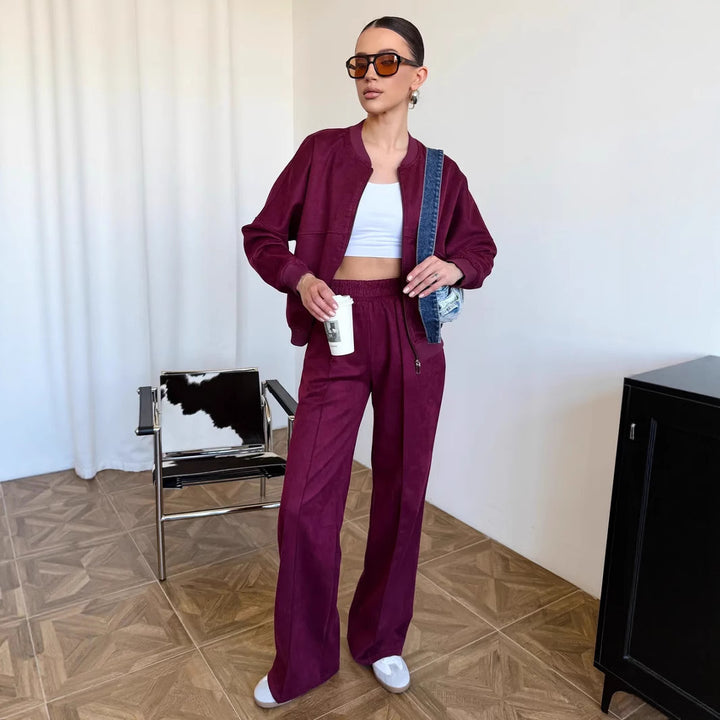 Damen nan zweiteiliges Velours-Loungewear-Set mit kurzem Zip-Hoodie und weiter Highwaist-Hose Drune