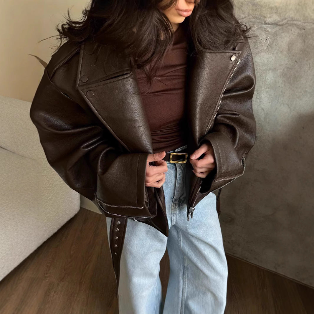 Damen Oversize Lederjacke mit Taillengürtel Drune