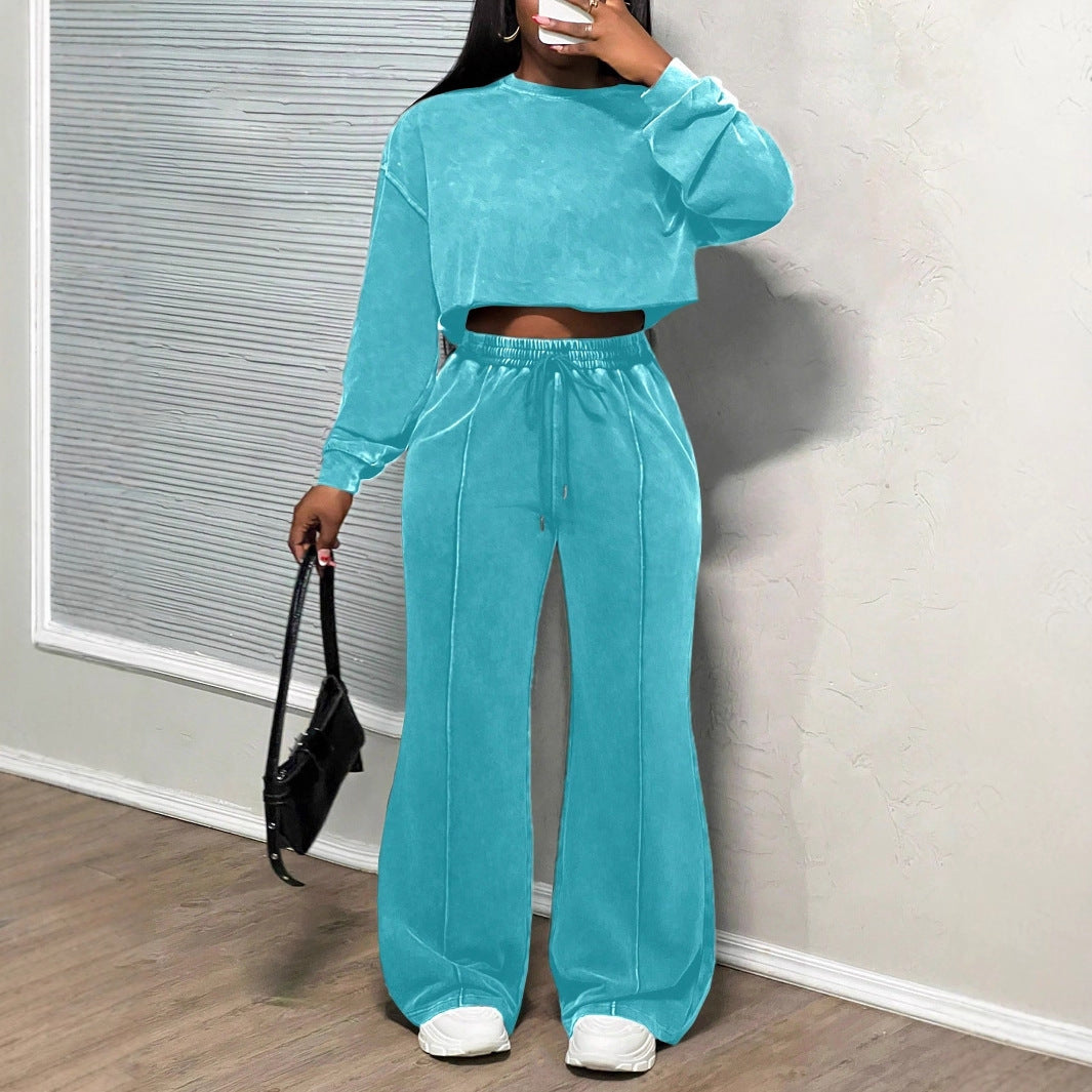 Damen lässiges Crop-Oberteil und weit geschnittene Hose Set Drune