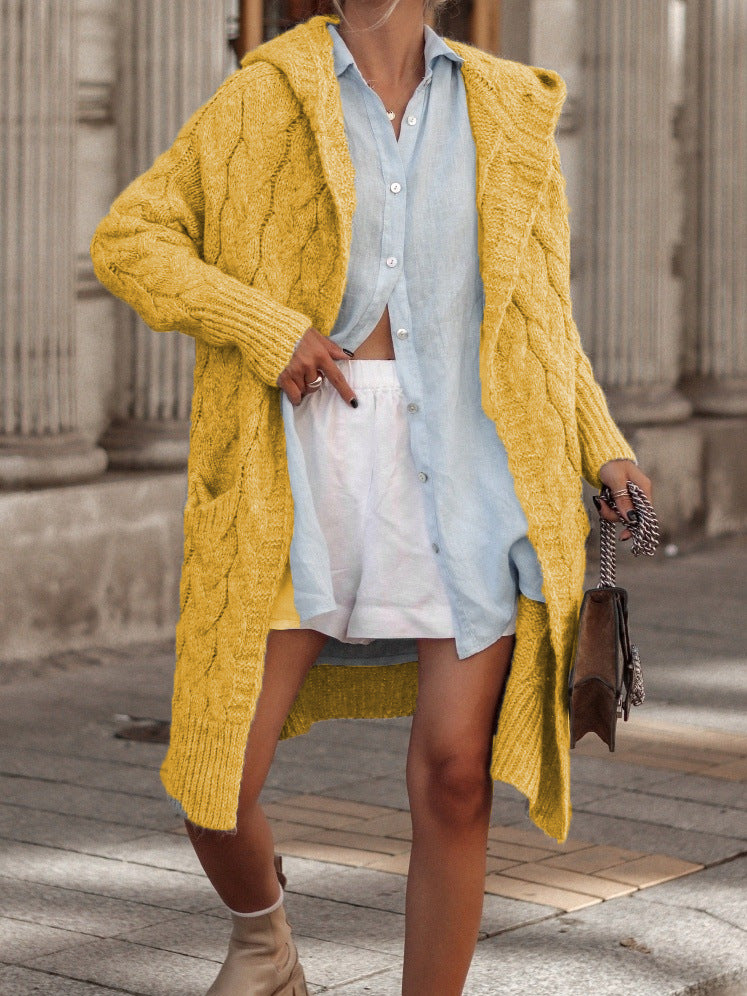 Damen Grobe Strickjacke mit Kapuze und Zopfdesign Drune