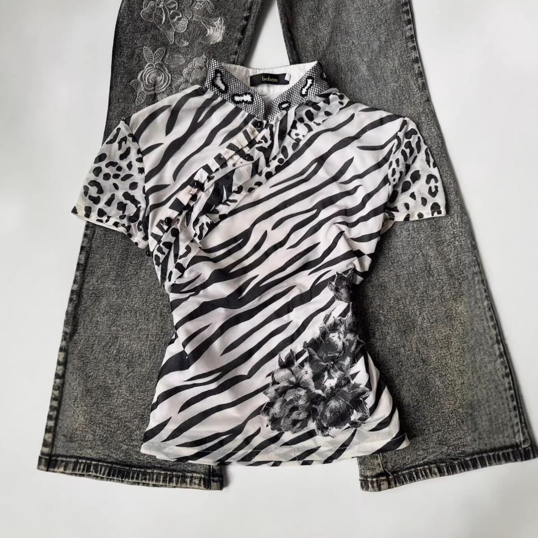 Damen Modisches T-Shirt mit tierischem Muster und dekorativem Kragen Drune