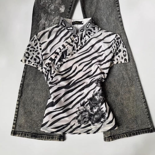 Damen Modisches T-Shirt mit tierischem Muster und dekorativem Kragen Drune