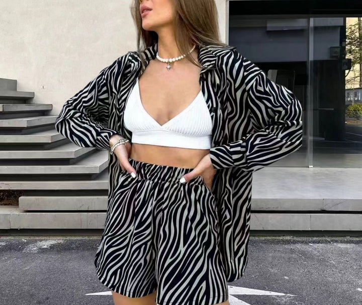 Damen elegante Kurzarmbluse mit Zebra-Print Drune