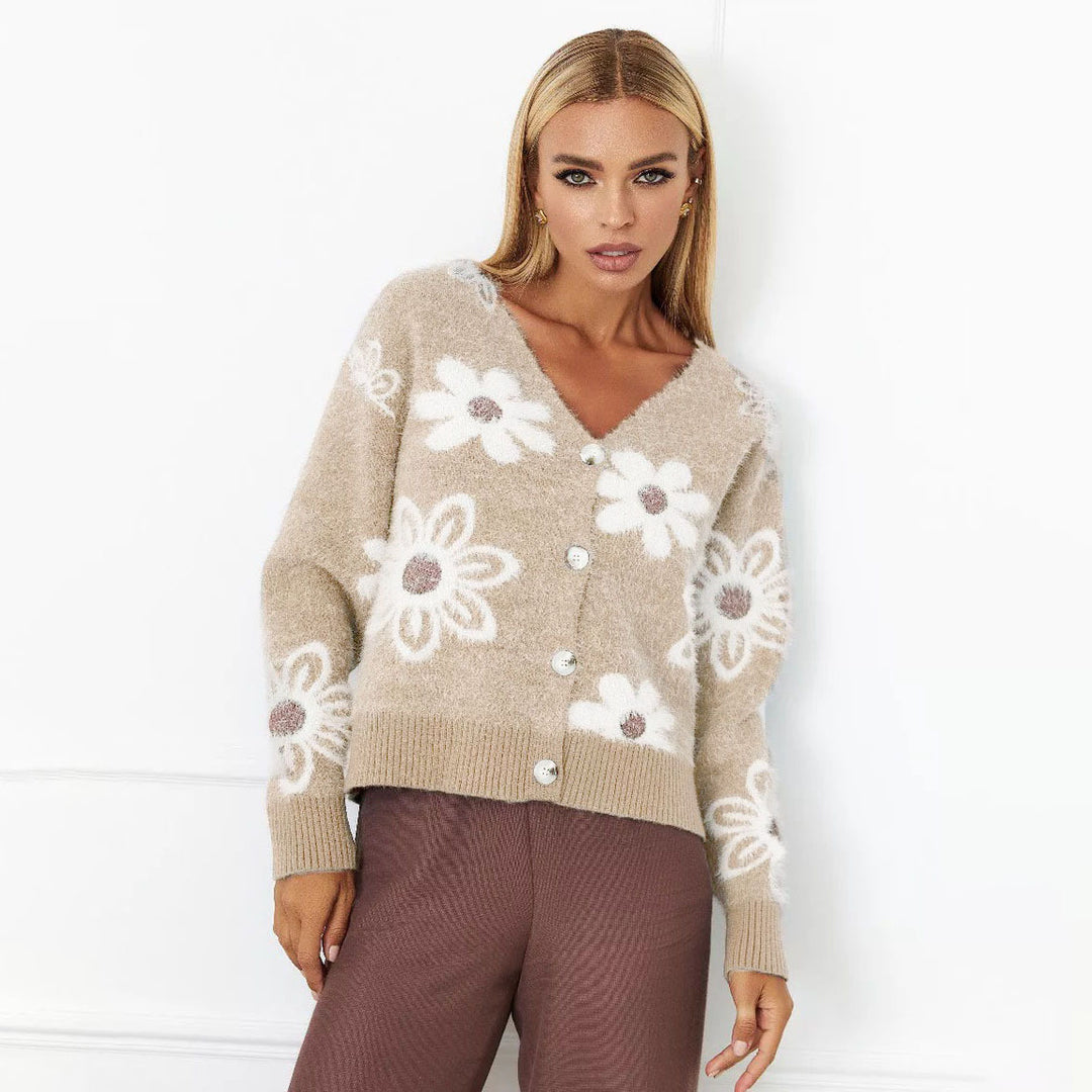 Damen Gemusterte Strickjacke mit floralen Motiven und Knopfverschlüssen Drune