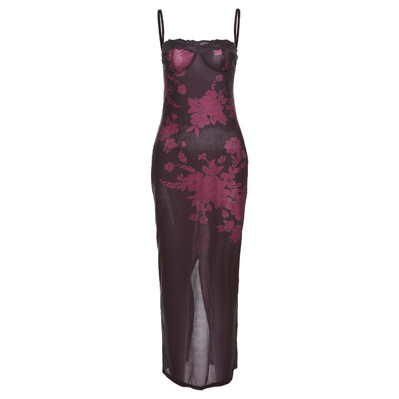 Damen Extravagantes Spitzen-Nachtkleid mit floralem Design und langem Schnitt Drune