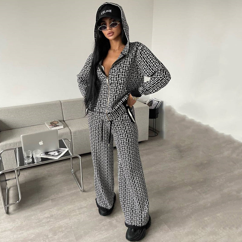 Damen modisches Strick-Loungewear-Set mit grafischem Muster Drune