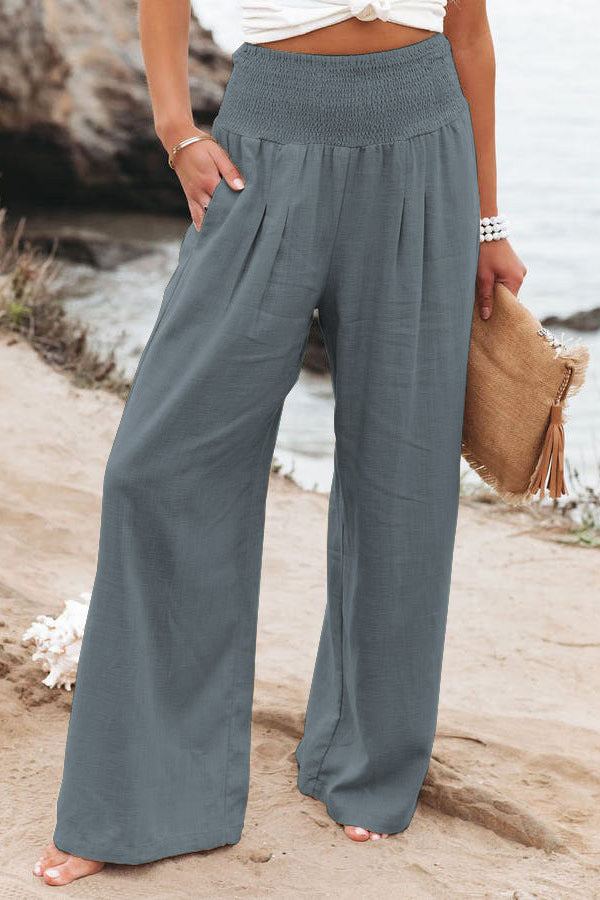 Damen lässige Palazzo-Hose mit elastischem Taillenbund und Seitentaschen Drune