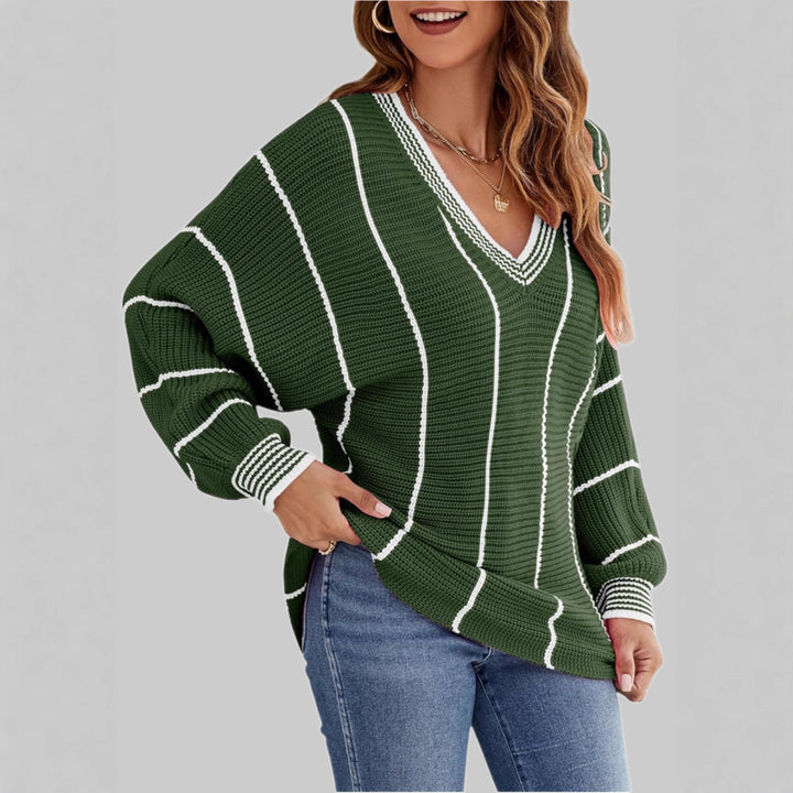 Damen Modischer Pullover mit V-Ausschnitt und streifendem Design Drune
