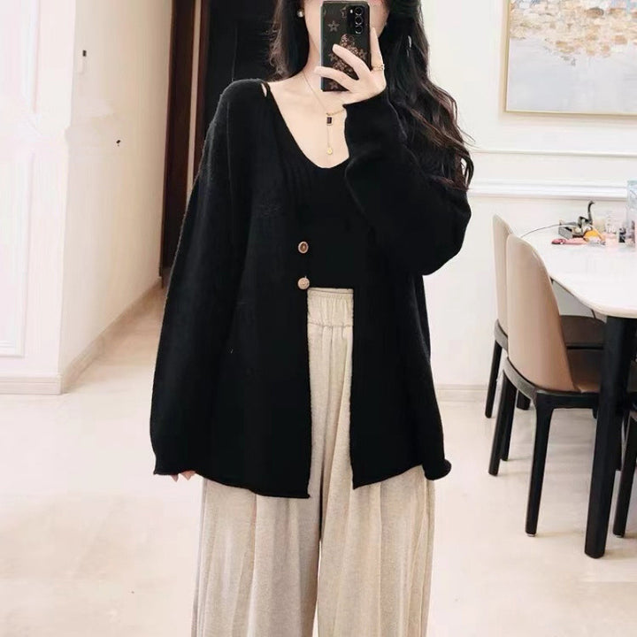 Damen lässiger Strickcardigan mit feiner Struktur und großen Knöpfen Drune