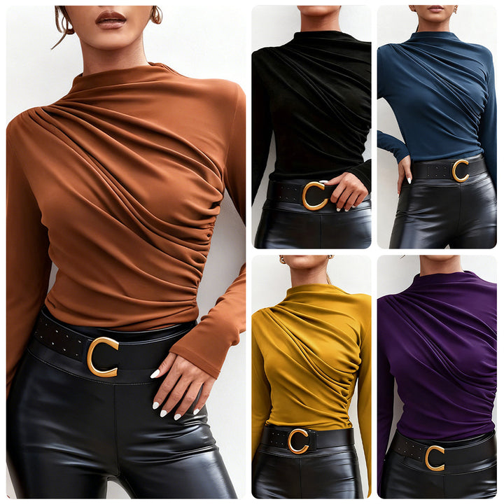Damen elegantes Langarmshirt mit luxuriösem Drapierungsdesign und schickem Stehkragen Drune