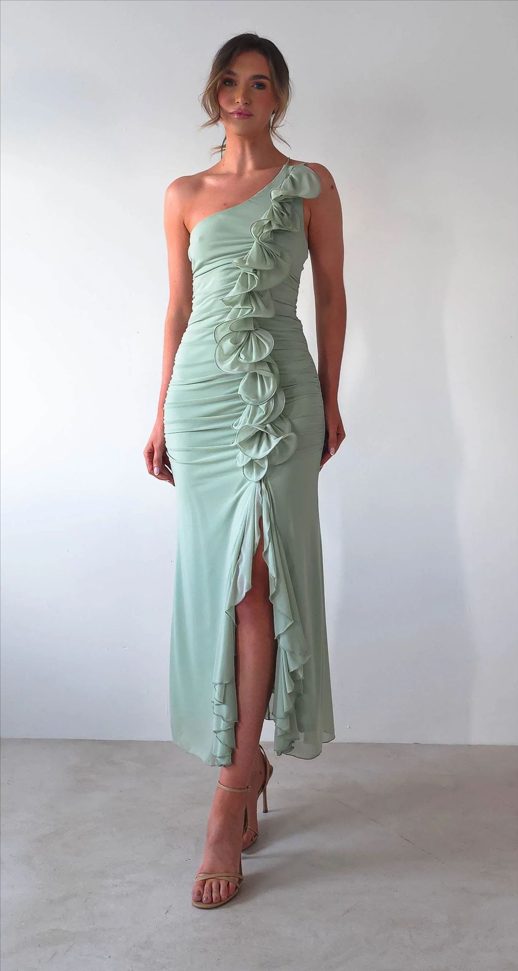Damen Elegantes Rüschen-Maxi-Kleid im Stile einer Seite mit hohem Schlitz Drune