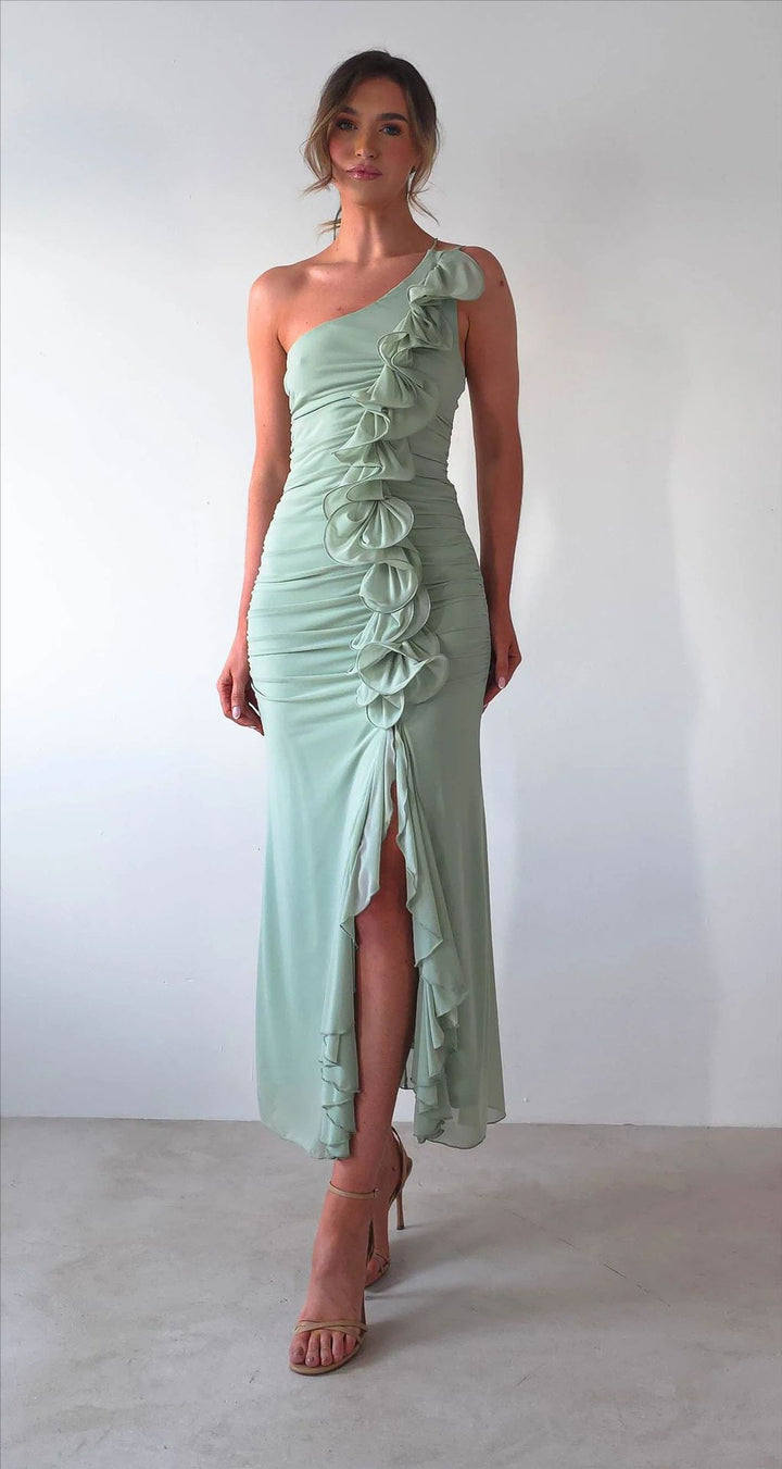 Damen Elegantes Rüschen-Maxi-Kleid im Stile einer Seite mit hohem Schlitz Drune