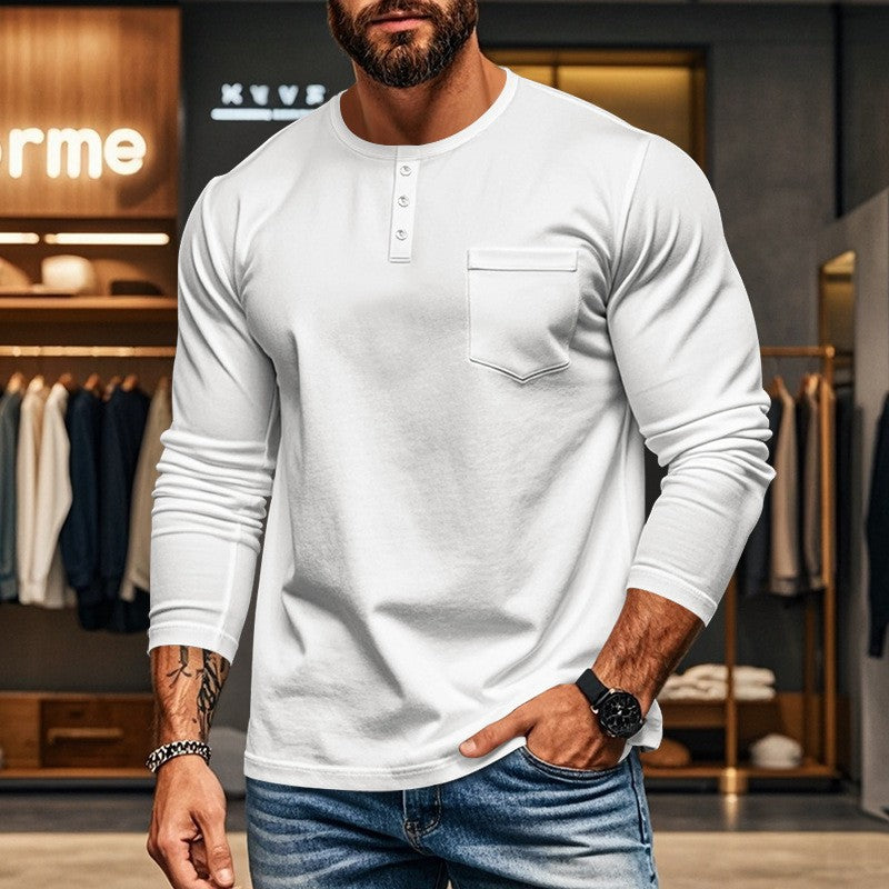 Herren nan figurbetontes Henley-Langarmshirt mit Brusttasche und feinem Stretchjersey Drune