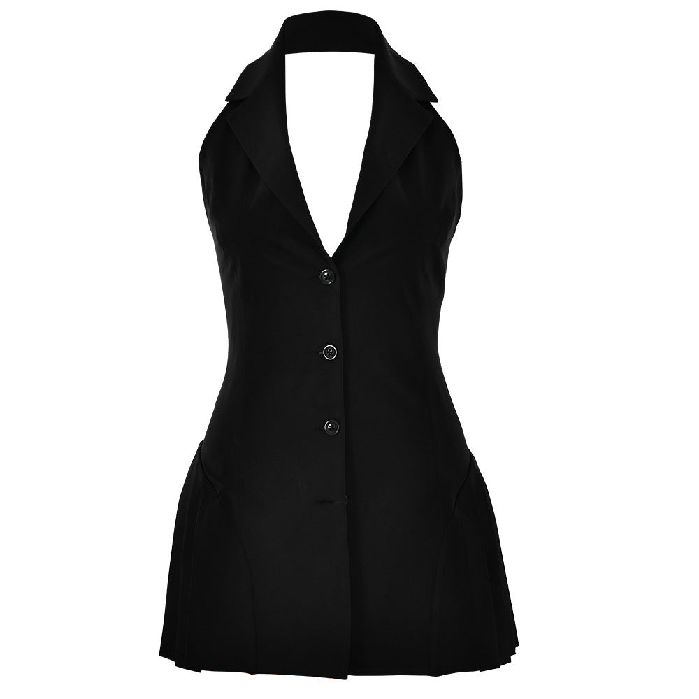 Damen Plissiertes Blazer-Kleid mit tiefem V-Ausschnitt und Knopfdetails Drune