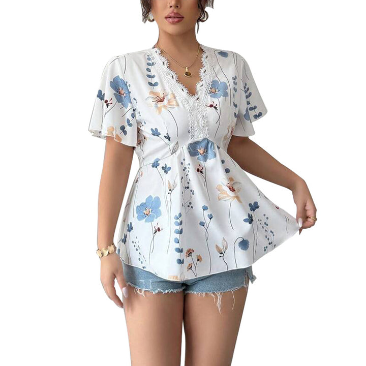 Damen elegantes Blusenshirt mit floralem Muster und Spitzenakzenten Drune