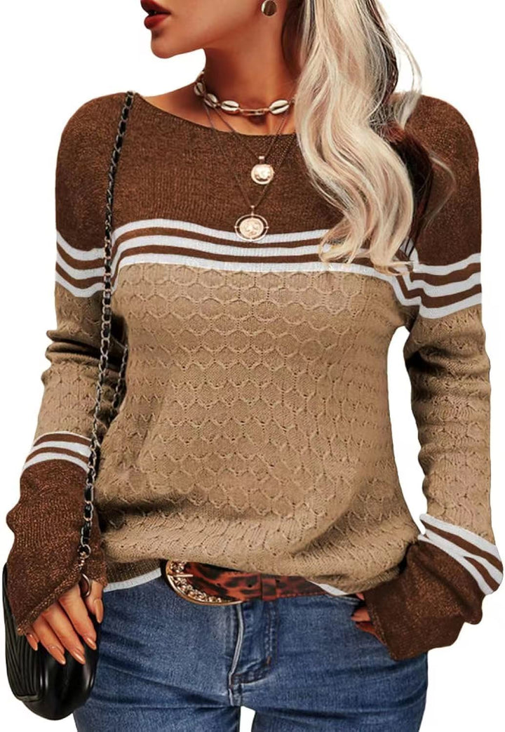 Damen lässiger Strickpullover mit kontrastierenden Farbblöcken und einzigartiger Textur Drune