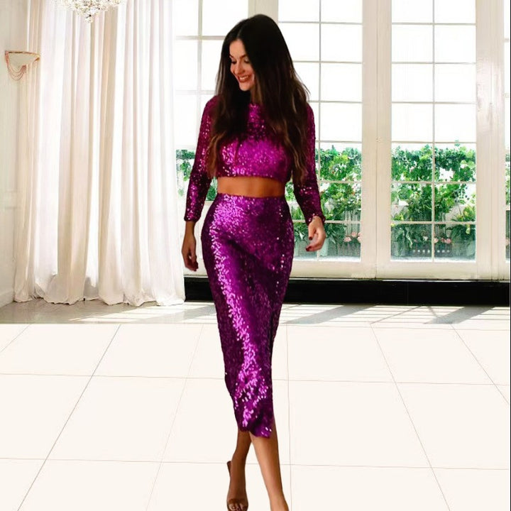 Damen Glitzerndes Zweiteiler-Set mit schimmerndem Oberteil und eleganter Maxi-Rock-Design Drune