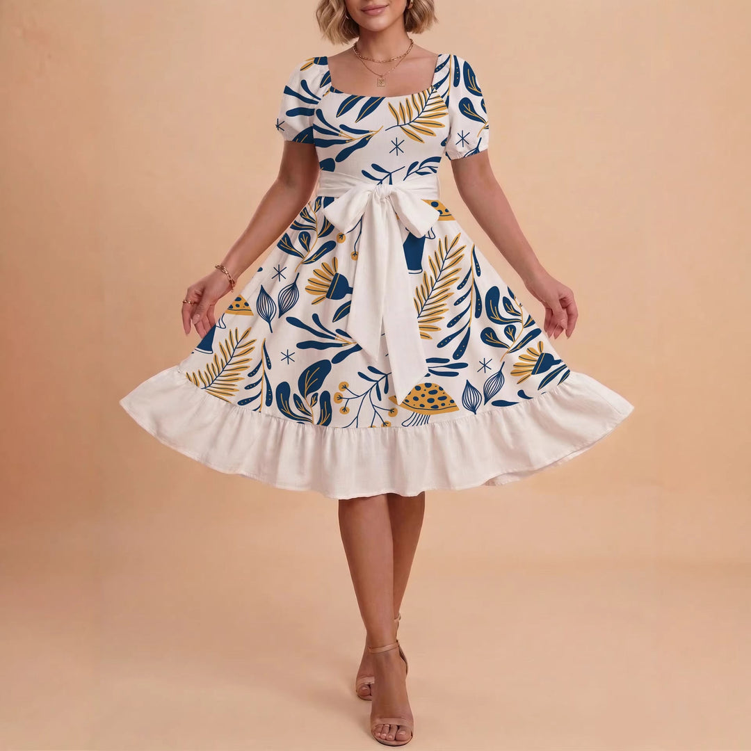 Damen Sommerliches Blumenkleid mit taillierbarem Gürtel und voluminösen Ärmeln Drune