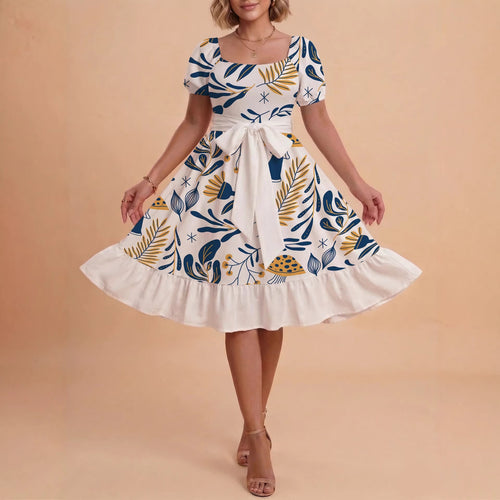 Damen Sommerliches Blumenkleid mit taillierbarem Gürtel und voluminösen Ärmeln Drune
