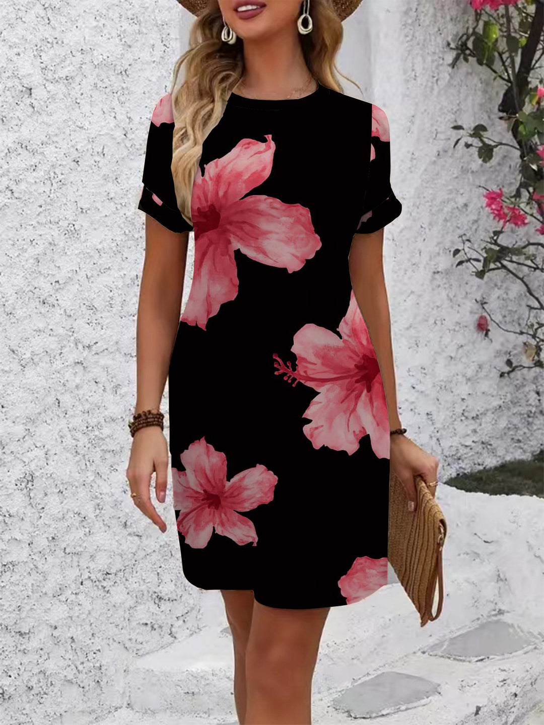 Damen lässiges Kurzarmkleid mit modernem Hahnentrittmuster und bequemer Passform Drune