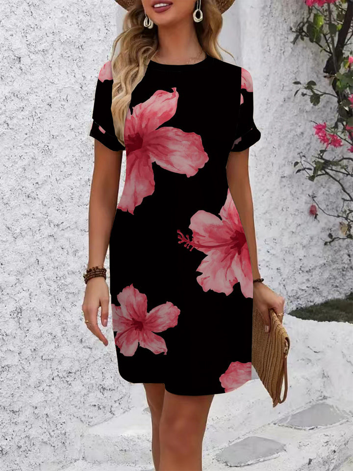 Damen lässiges Kurzarmkleid mit modernem Hahnentrittmuster und bequemer Passform Drune